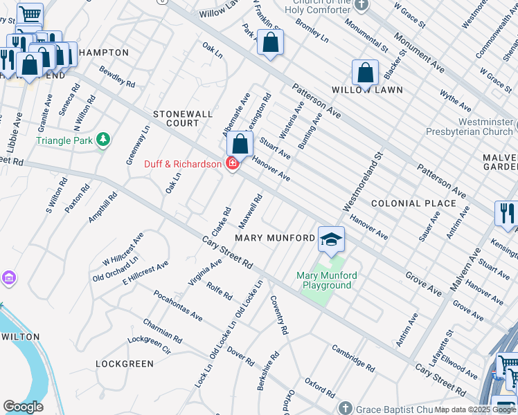 map of restaurants, bars, coffee shops, grocery stores, and more near 25 Maxwell Road in Richmond