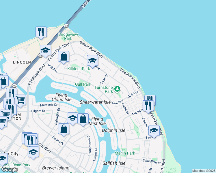 map of restaurants, bars, coffee shops, grocery stores, and more near 256 Avocet Court in Foster City