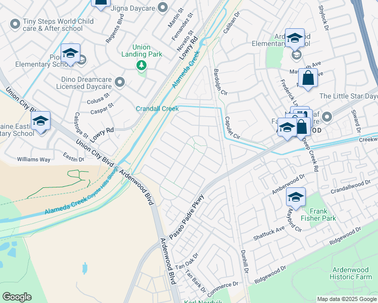 map of restaurants, bars, coffee shops, grocery stores, and more near 5229 Wrangler Court in Fremont