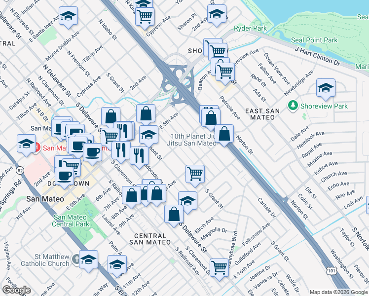 map of restaurants, bars, coffee shops, grocery stores, and more near 712 South Humboldt Street in San Mateo