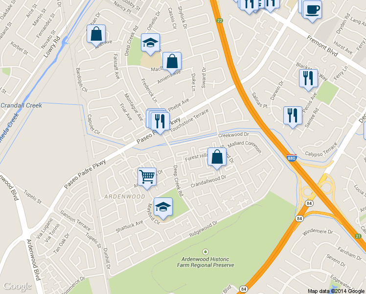 map of restaurants, bars, coffee shops, grocery stores, and more near 4949 Schelbert Terrace in Fremont