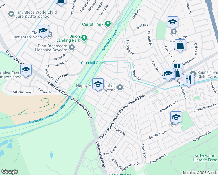 map of restaurants, bars, coffee shops, grocery stores, and more near 5230 Rancho Del Norte Drive in Fremont