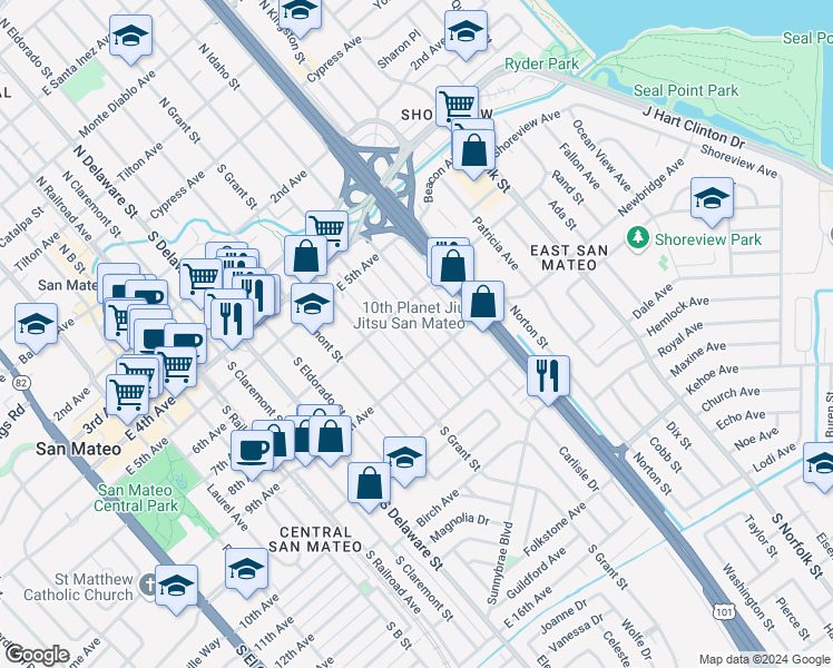 map of restaurants, bars, coffee shops, grocery stores, and more near 804 South Humboldt Street in San Mateo