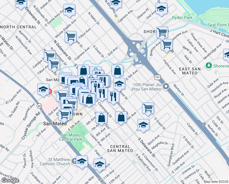 map of restaurants, bars, coffee shops, grocery stores, and more near 503 South Eldorado Street in San Mateo