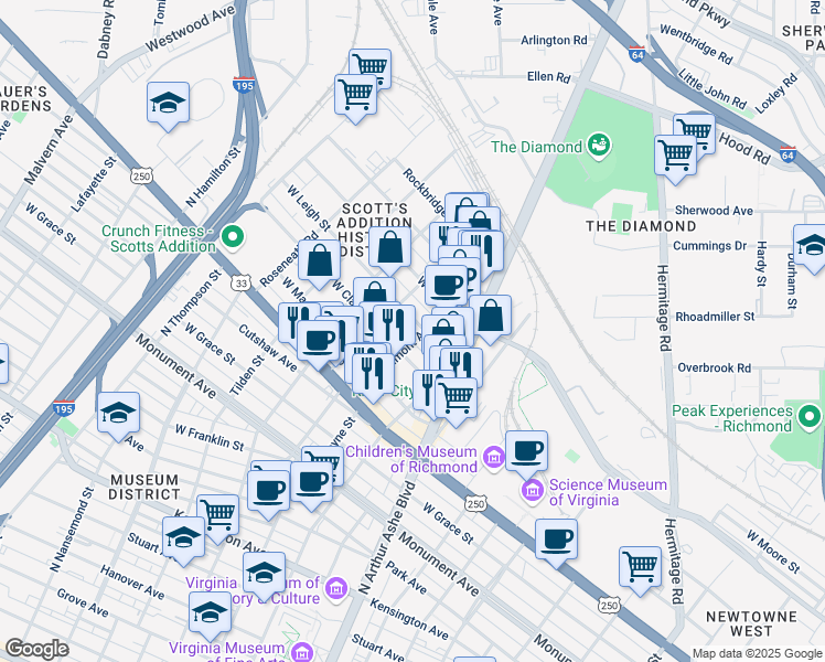 map of restaurants, bars, coffee shops, grocery stores, and more near 3000 West Clay Street in Richmond
