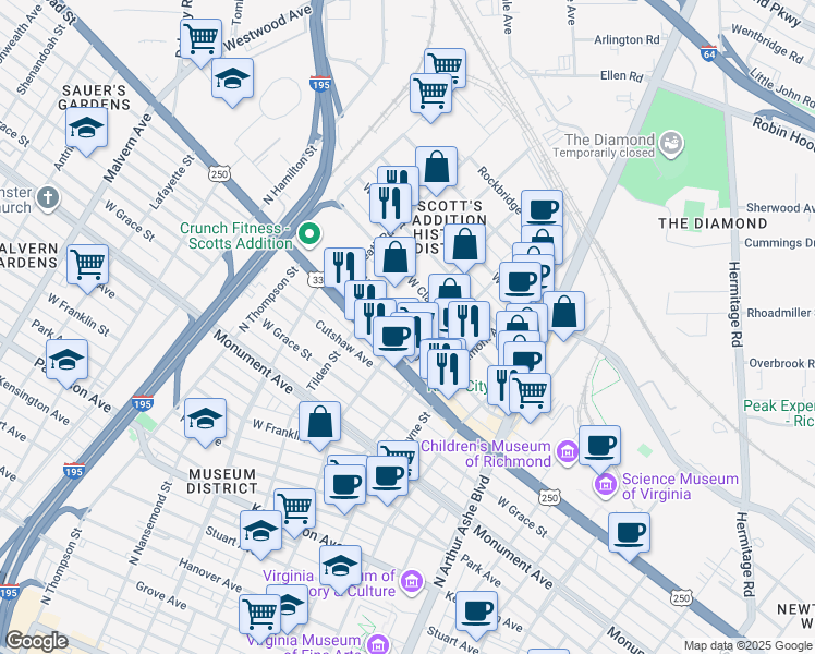 map of restaurants, bars, coffee shops, grocery stores, and more near 3105 West Marshall Street in Richmond