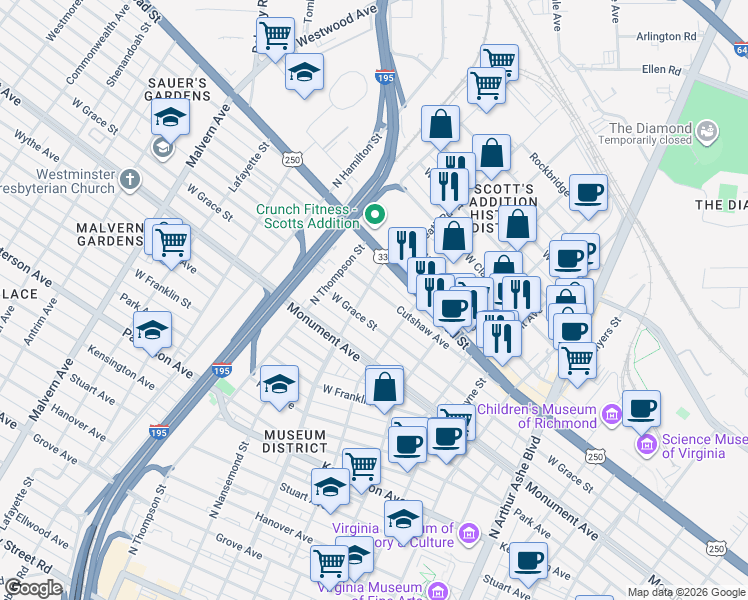 map of restaurants, bars, coffee shops, grocery stores, and more near 3328 West Grace Street in Richmond