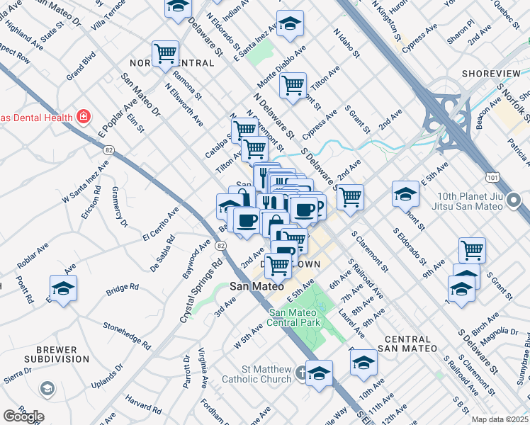 map of restaurants, bars, coffee shops, grocery stores, and more near 120 South Ellsworth Avenue in San Mateo