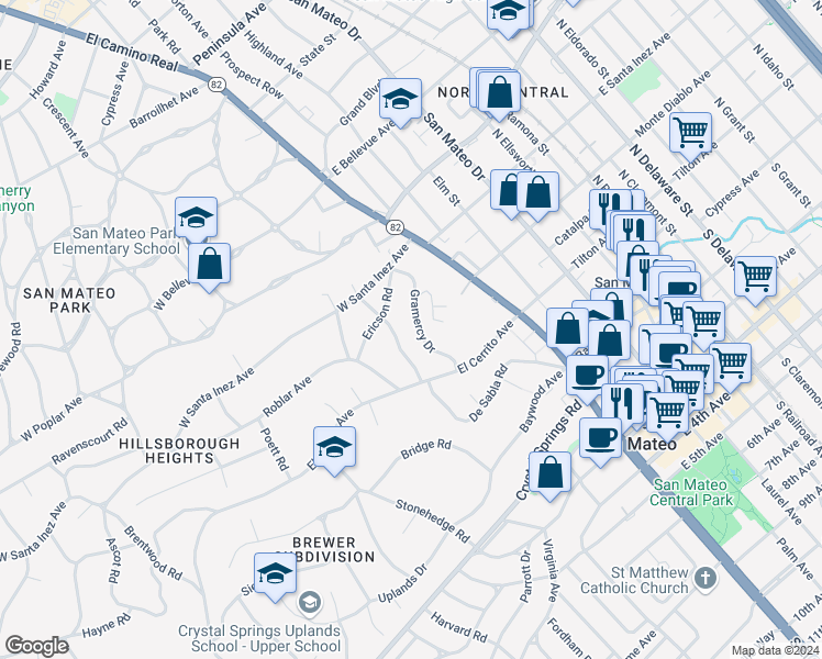 map of restaurants, bars, coffee shops, grocery stores, and more near 153 Gramercy Drive in San Mateo