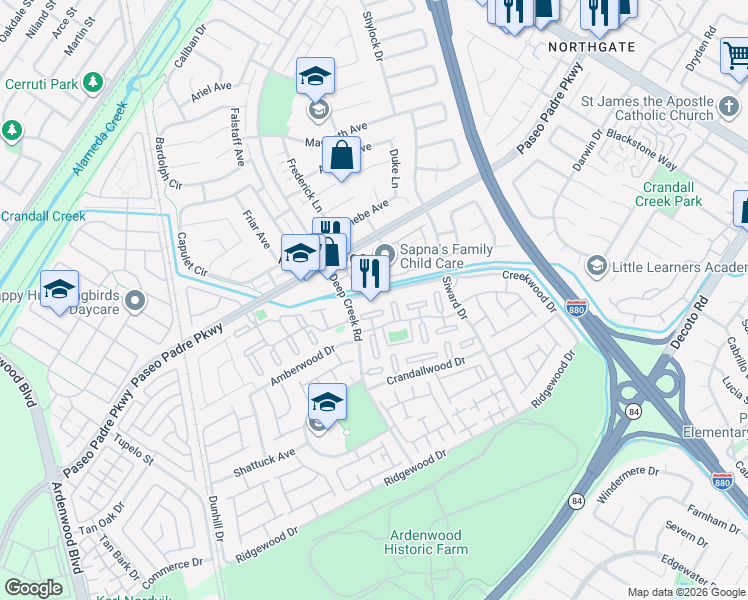 map of restaurants, bars, coffee shops, grocery stores, and more near 4949 Schelbert Terrace in Fremont