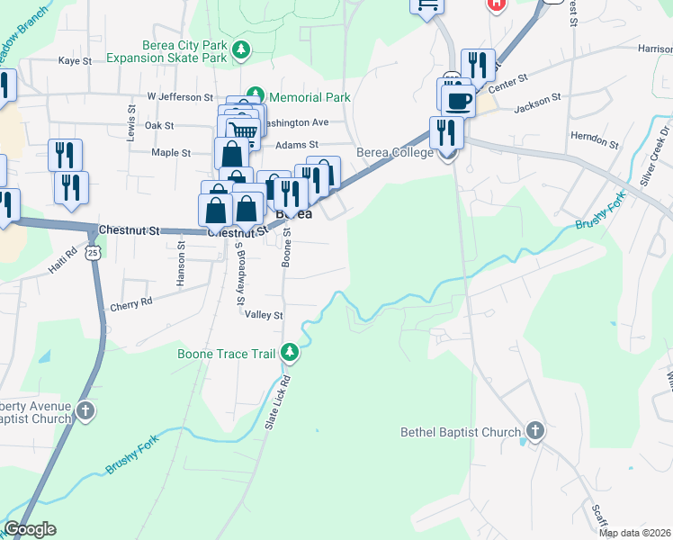 map of restaurants, bars, coffee shops, grocery stores, and more near 118 Walnut Street in Berea