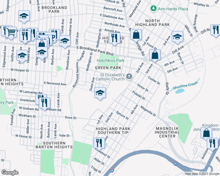 map of restaurants, bars, coffee shops, grocery stores, and more near 2609 Harold Avenue in Richmond