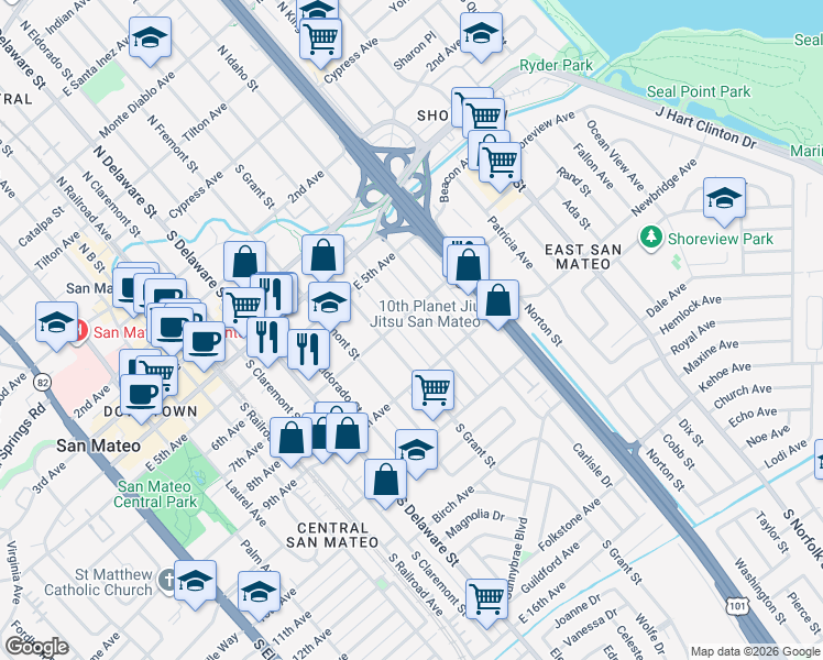 map of restaurants, bars, coffee shops, grocery stores, and more near 712 South Humboldt Street in San Mateo