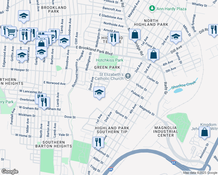 map of restaurants, bars, coffee shops, grocery stores, and more near 2609 Harold Avenue in Richmond