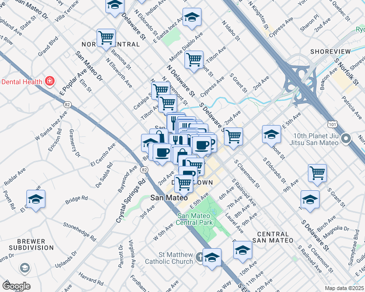map of restaurants, bars, coffee shops, grocery stores, and more near 101 South Ellsworth Avenue in San Mateo