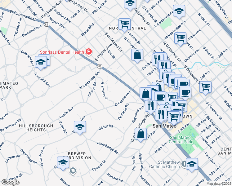 map of restaurants, bars, coffee shops, grocery stores, and more near 50 Mounds Road in San Mateo
