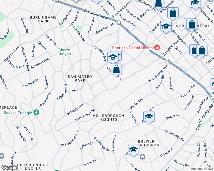 map of restaurants, bars, coffee shops, grocery stores, and more near 414 Dorchester Road in San Mateo