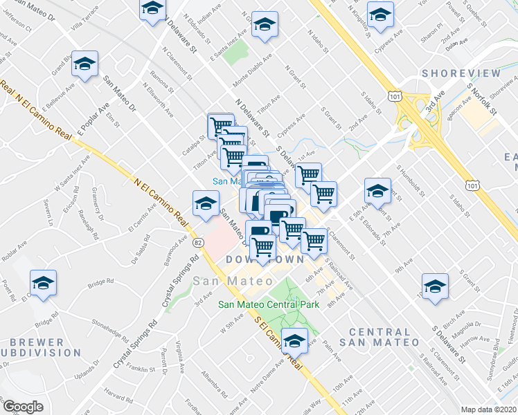 map of restaurants, bars, coffee shops, grocery stores, and more near 212 2nd Avenue in San Mateo