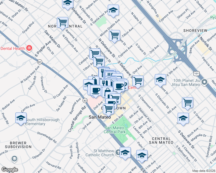 map of restaurants, bars, coffee shops, grocery stores, and more near 120 South Ellsworth Avenue in San Mateo