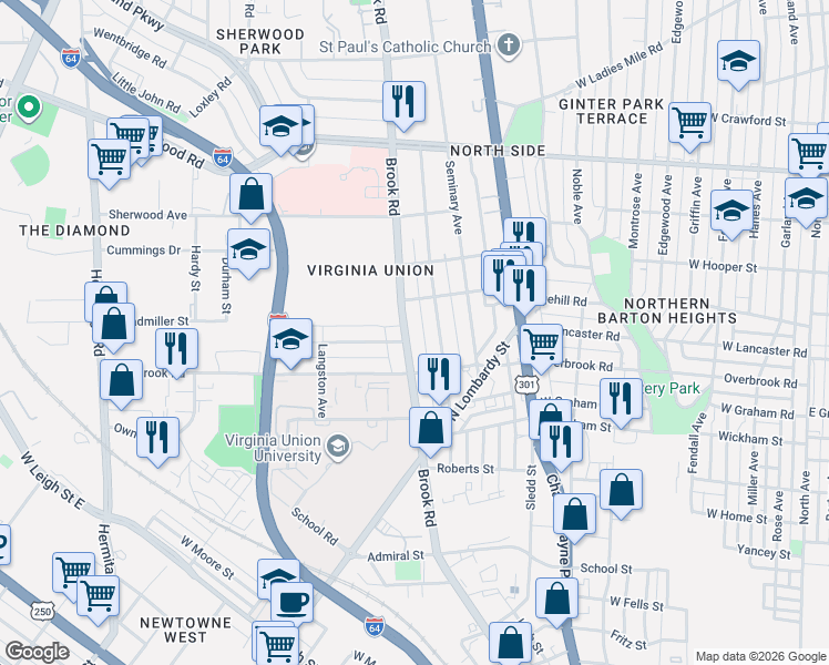 map of restaurants, bars, coffee shops, grocery stores, and more near 2507 Brook Road in Richmond