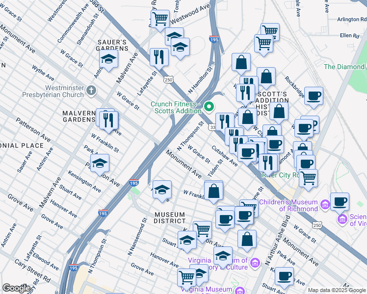map of restaurants, bars, coffee shops, grocery stores, and more near 3406 Monument Avenue in Richmond
