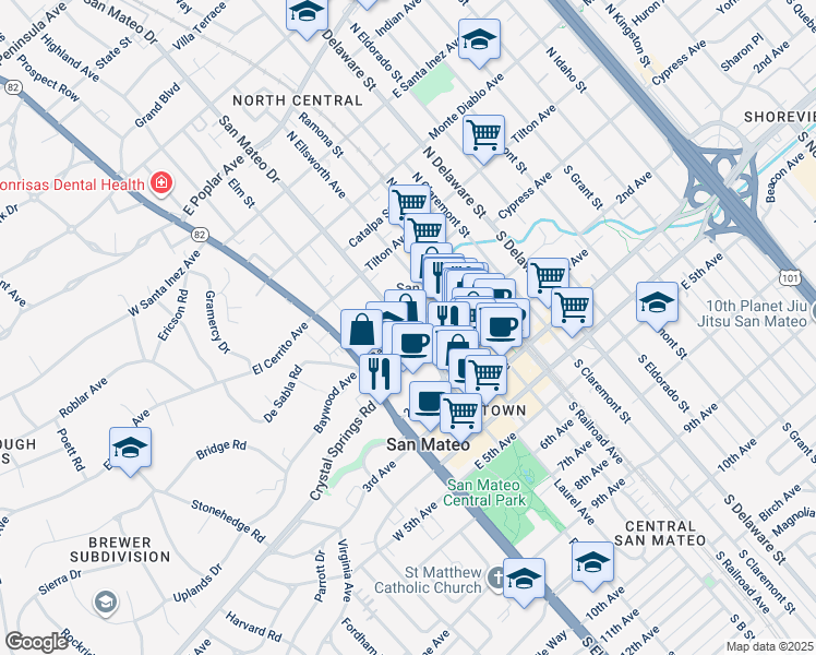 map of restaurants, bars, coffee shops, grocery stores, and more near 2 San Mateo Drive in San Mateo