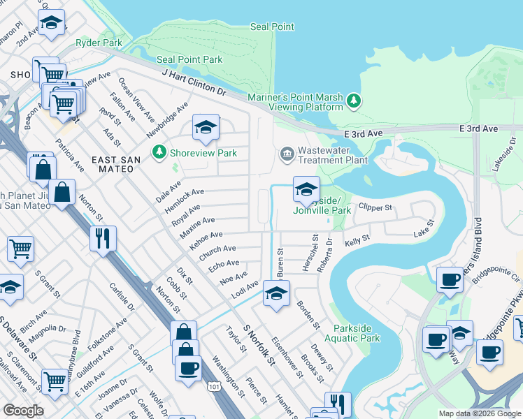 map of restaurants, bars, coffee shops, grocery stores, and more near in San Mateo
