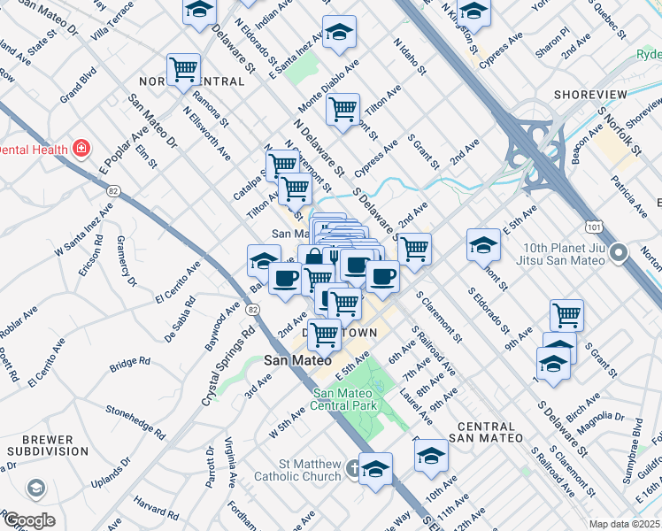 map of restaurants, bars, coffee shops, grocery stores, and more near 128 South B Street in San Mateo