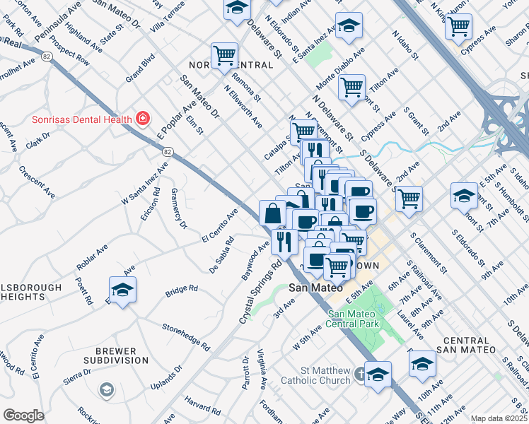 map of restaurants, bars, coffee shops, grocery stores, and more near 58 North El Camino Real in San Mateo