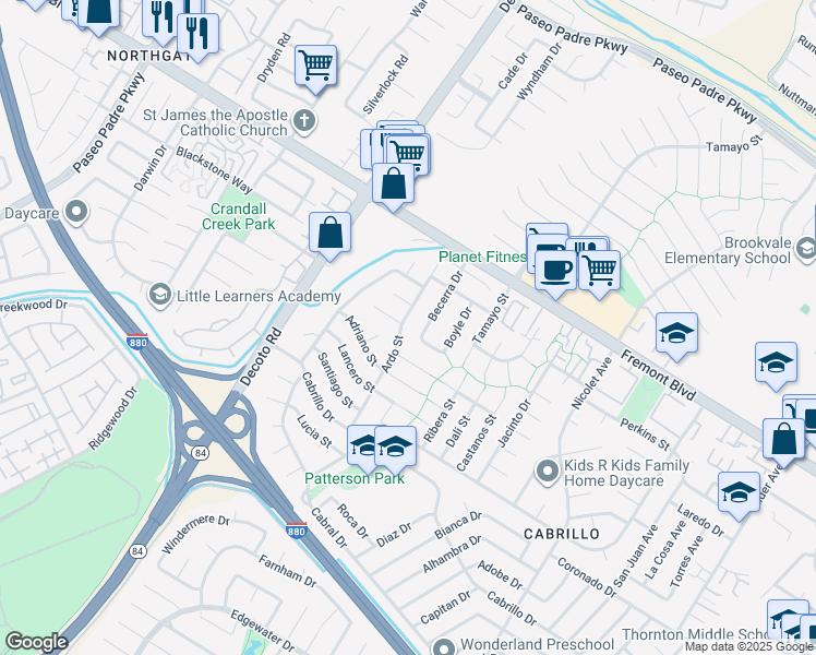 map of restaurants, bars, coffee shops, grocery stores, and more near 4218 Ardo Street in Fremont