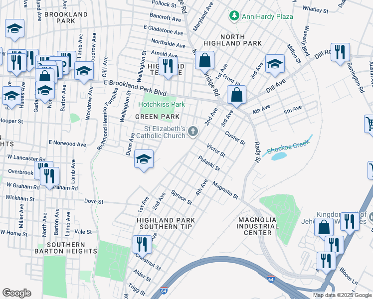 map of restaurants, bars, coffee shops, grocery stores, and more near 2614 2nd Avenue in Richmond