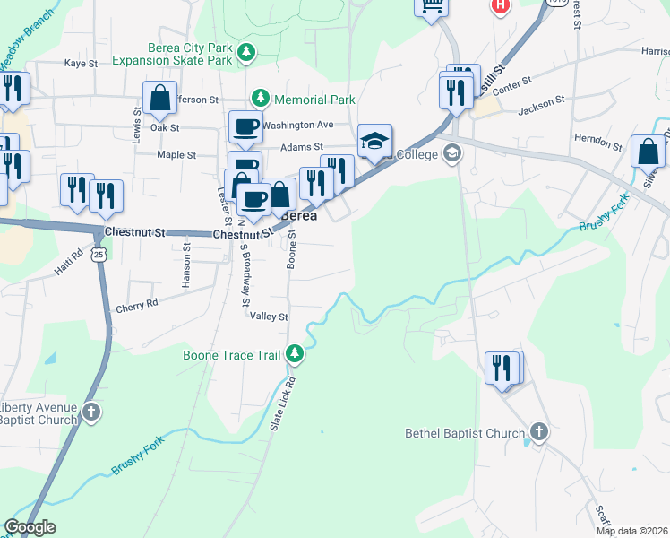 map of restaurants, bars, coffee shops, grocery stores, and more near 118 Walnut Street in Berea