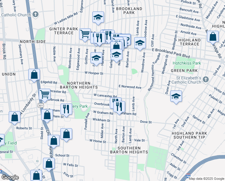 map of restaurants, bars, coffee shops, grocery stores, and more near 7 West Norwood Avenue in Richmond