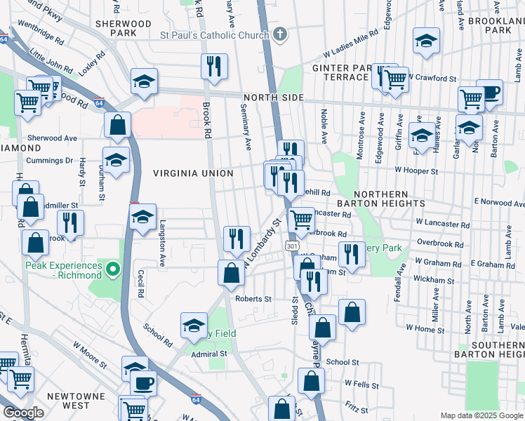 map of restaurants, bars, coffee shops, grocery stores, and more near 2515 Seminary Avenue in Richmond