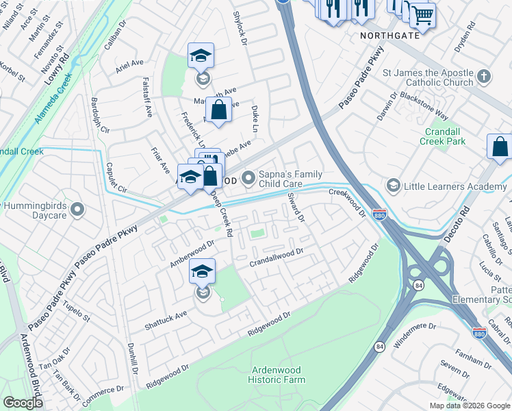 map of restaurants, bars, coffee shops, grocery stores, and more near 4900 Creekwood Drive in Fremont