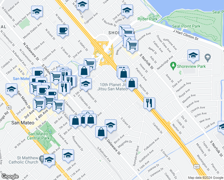 map of restaurants, bars, coffee shops, grocery stores, and more near 719 South Humboldt Street in San Mateo