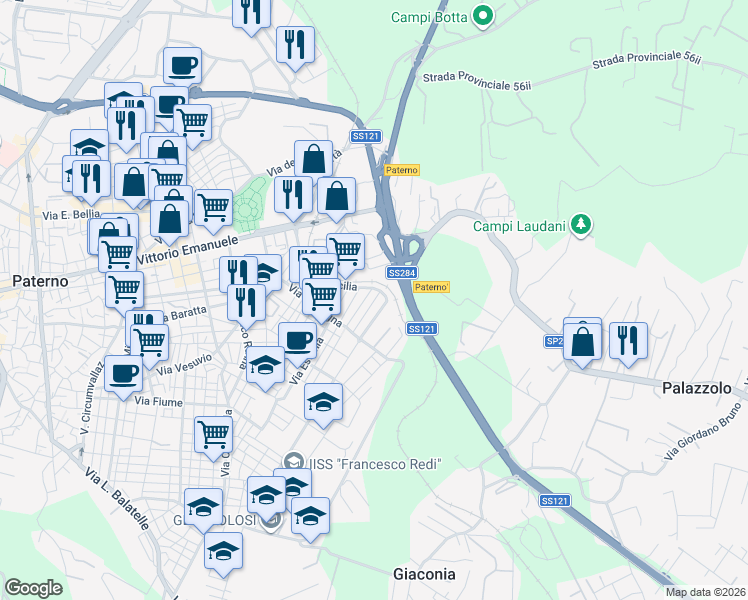 map of restaurants, bars, coffee shops, grocery stores, and more near 10 Via Dalmazia in Paternò