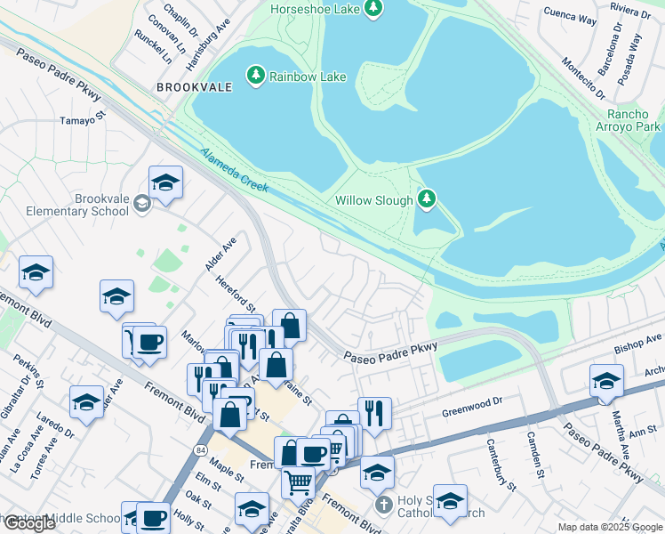 map of restaurants, bars, coffee shops, grocery stores, and more near 3023 Southwycke Terrace in Fremont
