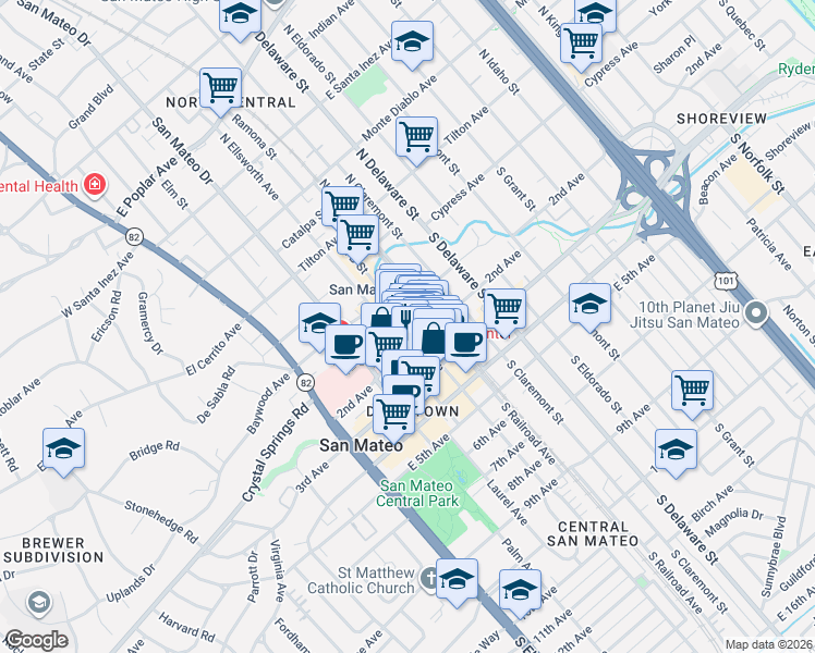 map of restaurants, bars, coffee shops, grocery stores, and more near 220 2nd Avenue in San Mateo