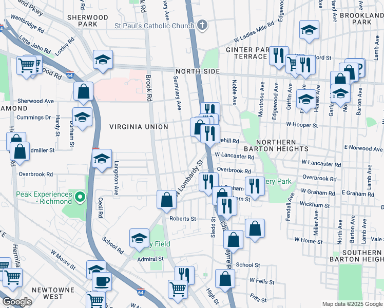 map of restaurants, bars, coffee shops, grocery stores, and more near 2515 Seminary Avenue in Richmond