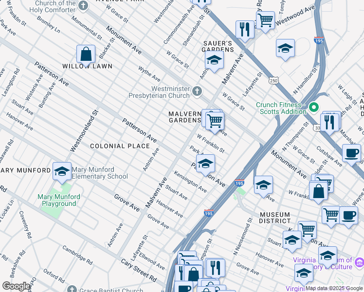 map of restaurants, bars, coffee shops, grocery stores, and more near 4010 Patterson Avenue in Richmond