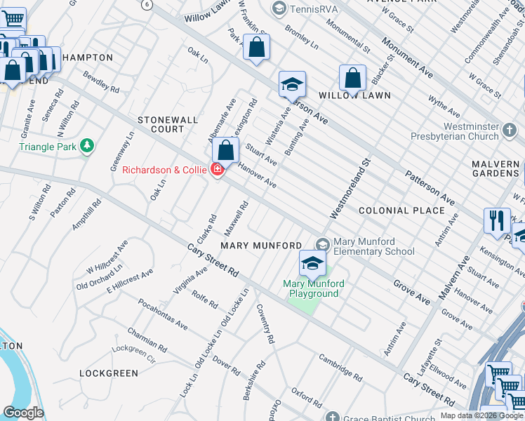 map of restaurants, bars, coffee shops, grocery stores, and more near 4710 Calumet Road in Richmond