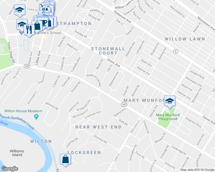 map of restaurants, bars, coffee shops, grocery stores, and more near 2 Albemarle Avenue in Richmond