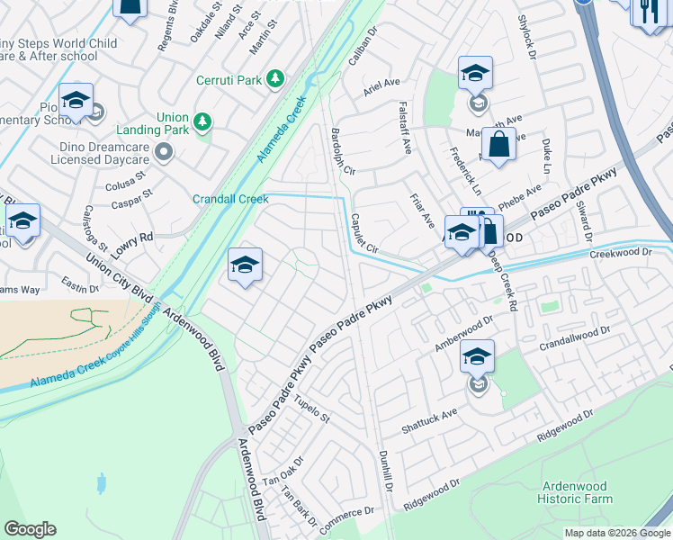 map of restaurants, bars, coffee shops, grocery stores, and more near 34270 Stable Way in Fremont