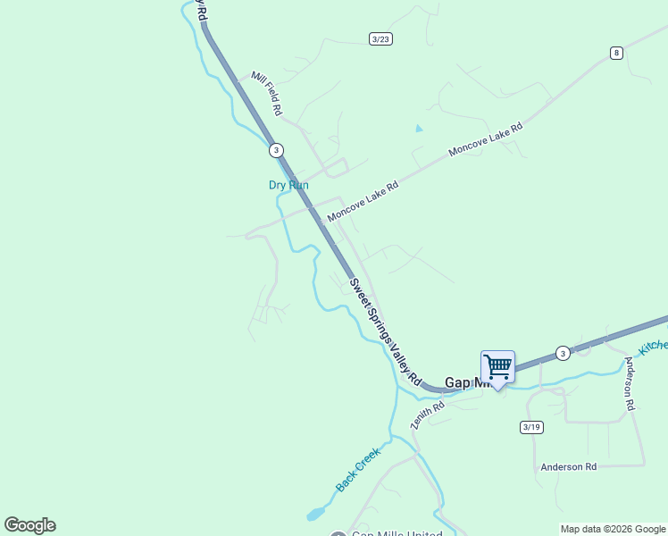 map of restaurants, bars, coffee shops, grocery stores, and more near 8348 Sweet Springs Valley Road in Gap Mills