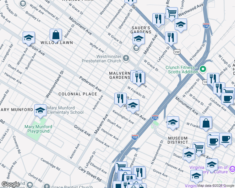 map of restaurants, bars, coffee shops, grocery stores, and more near 4010 Patterson Avenue in Richmond