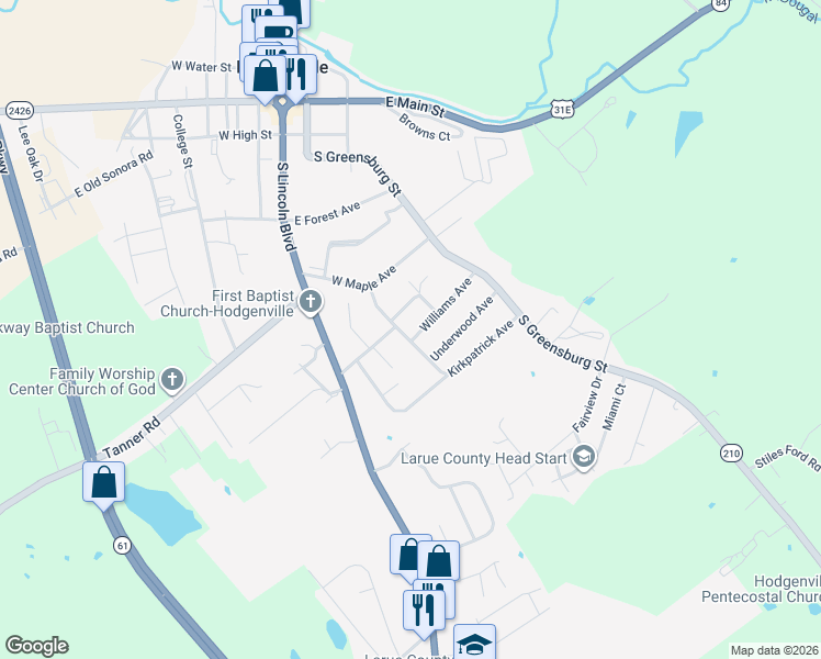 map of restaurants, bars, coffee shops, grocery stores, and more near 517 Kirkpatrick Avenue in Hodgenville