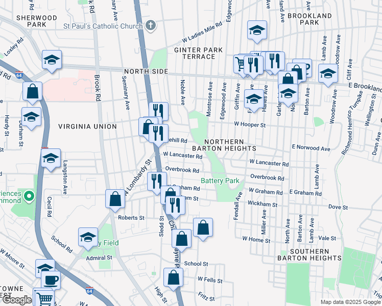 map of restaurants, bars, coffee shops, grocery stores, and more near 608 West Lancaster Road in Richmond