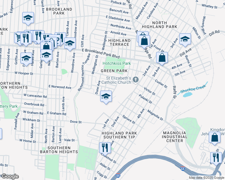 map of restaurants, bars, coffee shops, grocery stores, and more near 2610 Harold Avenue in Richmond