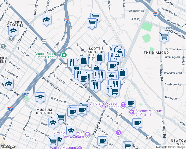 map of restaurants, bars, coffee shops, grocery stores, and more near 3013 West Clay Street in Richmond